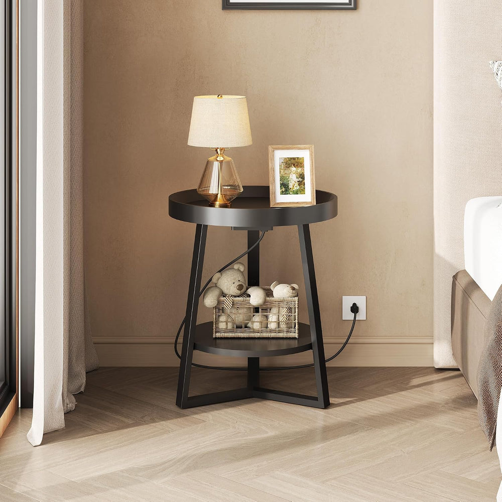 WLIVE Small Round Side Table with Charging Station, Round Coffee Table, 2 Tie...