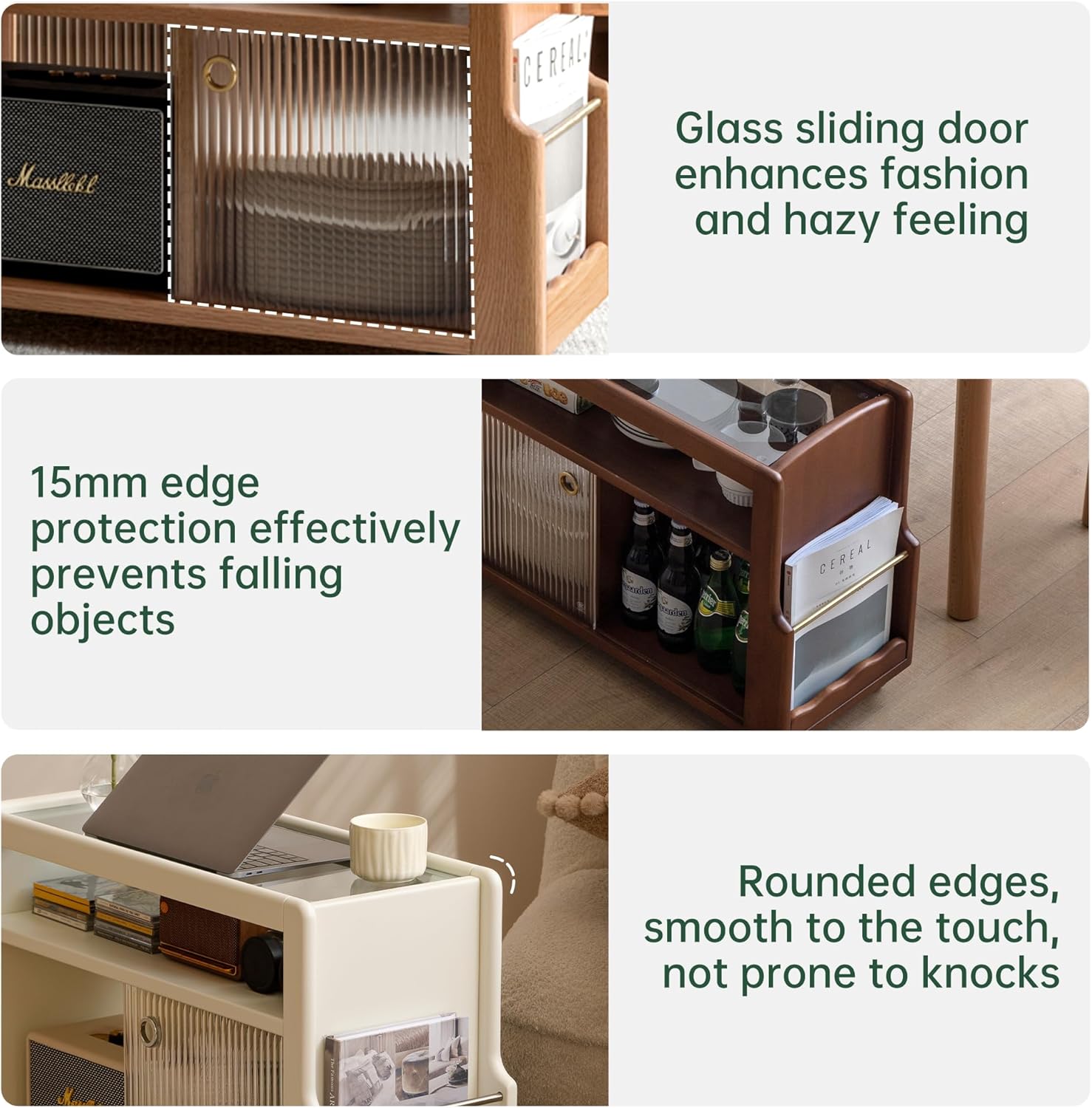 Solid Wood Narrow Side Table with Storage, End Table with Magazine Rack & Glass Door Cabinet, Small Couch Side Table for Living Room, Slim Nightstand for Bedroom, No Assembly
