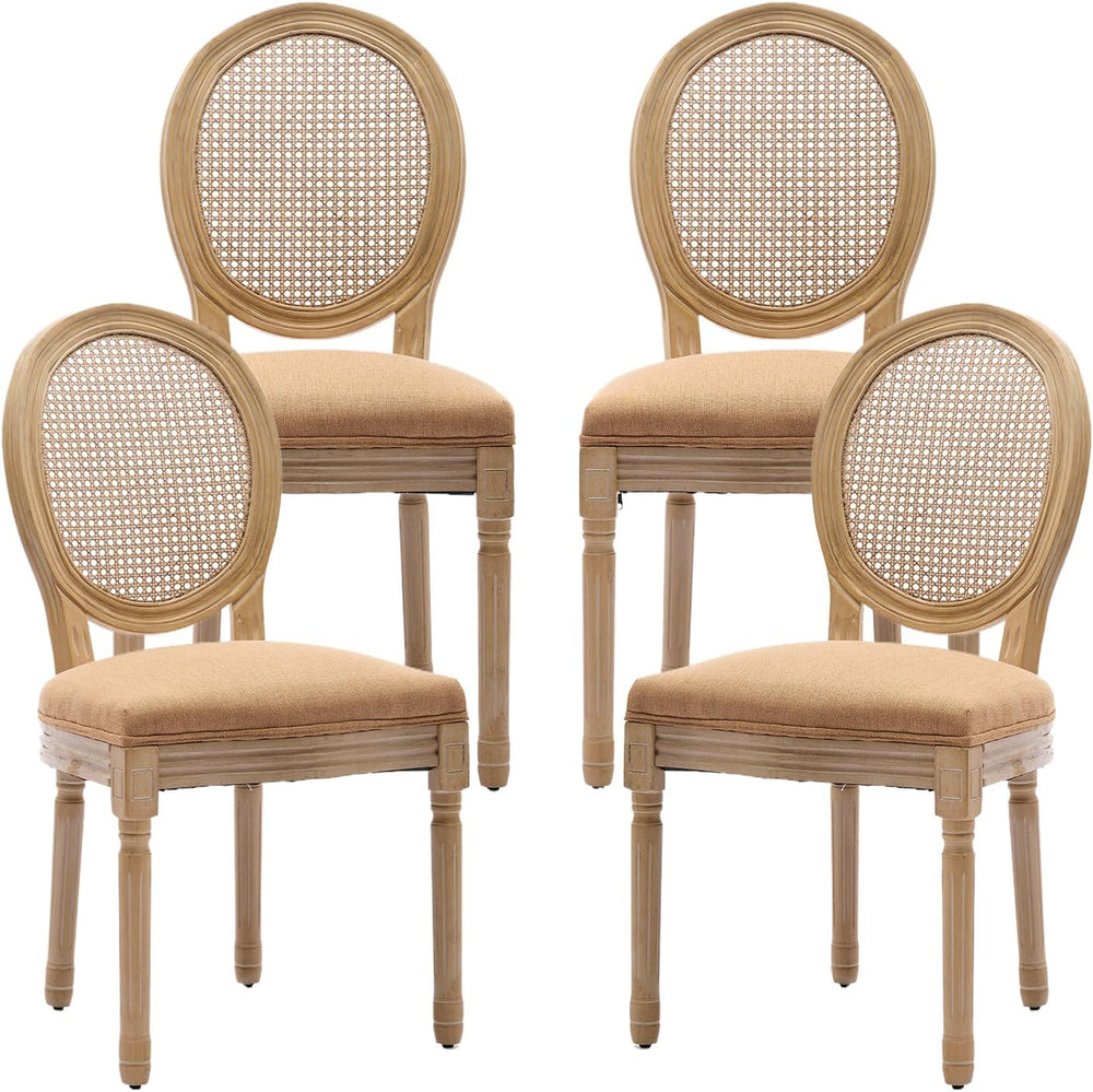 Vintage French Rattan Dining Chairs Set of 4, Round Back Accent Chairs with R...