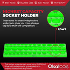 Olsa Tools Magnetic Socket Organizer (3/8-Inch Drive, 3 Row) - Magnetic Tool Organizer & Socket Holder - Tool Box Socket Organizers - SAE Green - Holds 39 Sockets - Professional Grade - Part: 1550