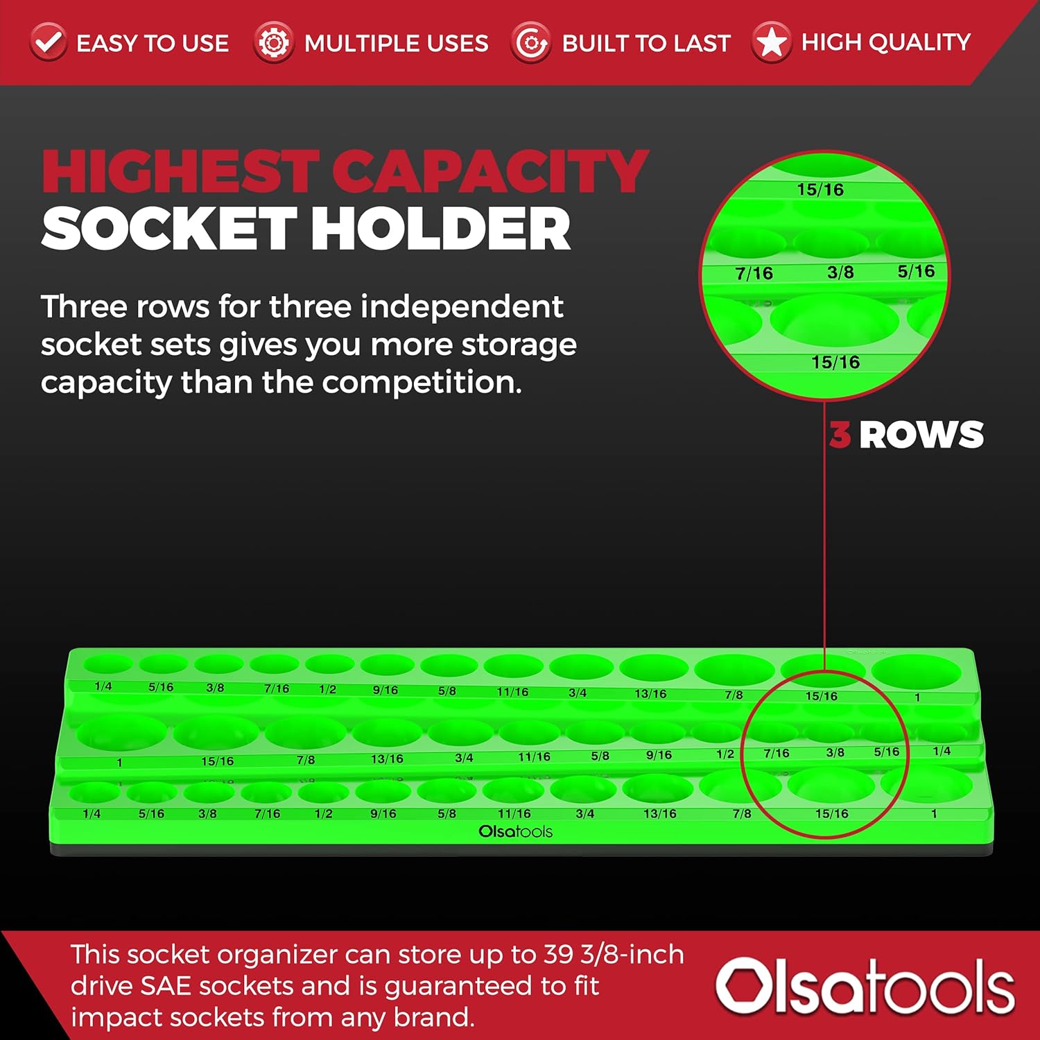 Olsa Tools Magnetic Socket Organizer (3/8-Inch Drive, 3 Row) - Magnetic Tool Organizer & Socket Holder - Tool Box Socket Organizers - SAE Green - Holds 39 Sockets - Professional Grade - Part: 1550
