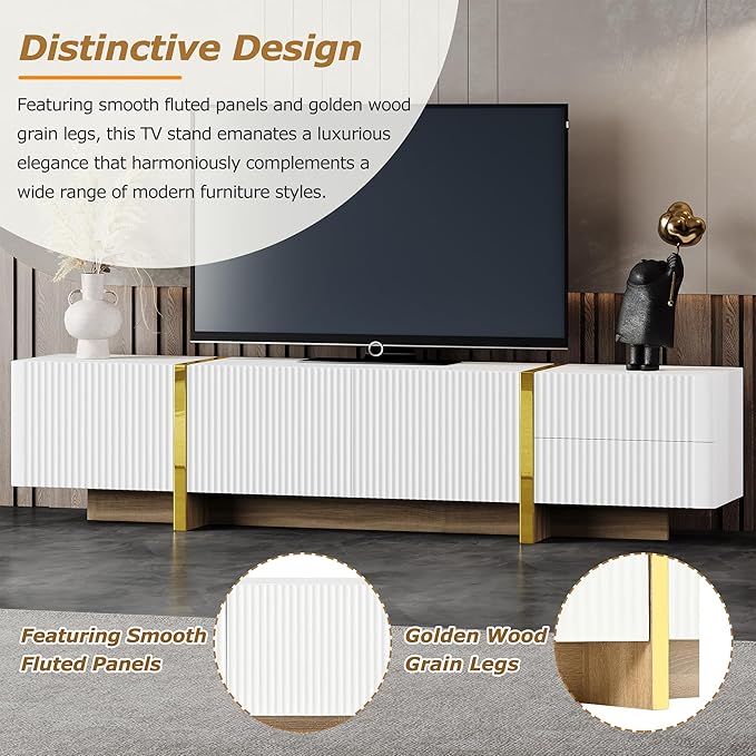 Ball & Cast Luxury Fluted TV Stand with Storage Cabinets for TVs up to 80", Modern Entertainment Center w/2 Drawers & Golden Wood Grain Leg, Media Console for Living Room,Bedroom,White
