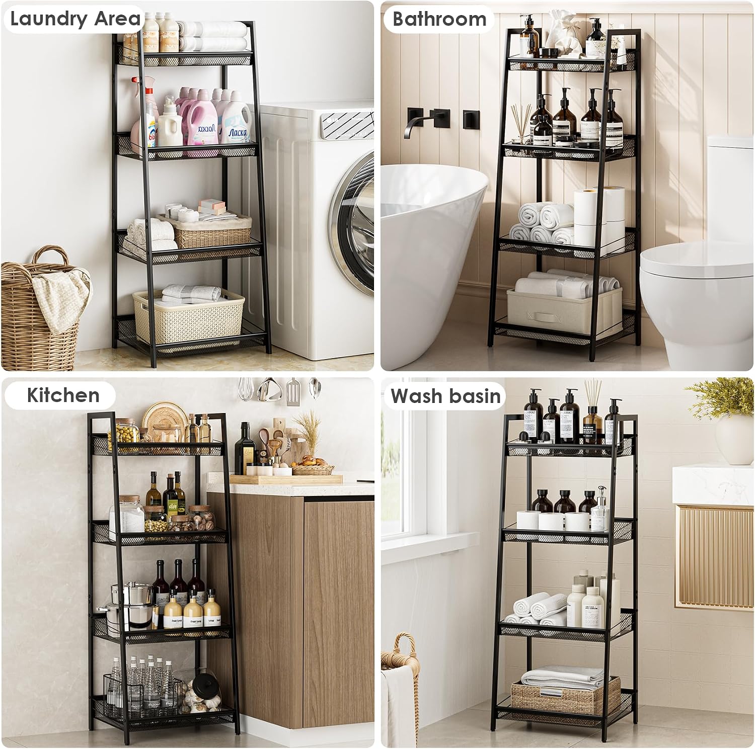 Masupu 4 Tier Bathroom Shelf, Bathroom Organizer and Storage for Small Space, Free-Standing Metal Rack Shelves Waterproof for Kitchen, Bathroom, Laundry, Toilet, Black