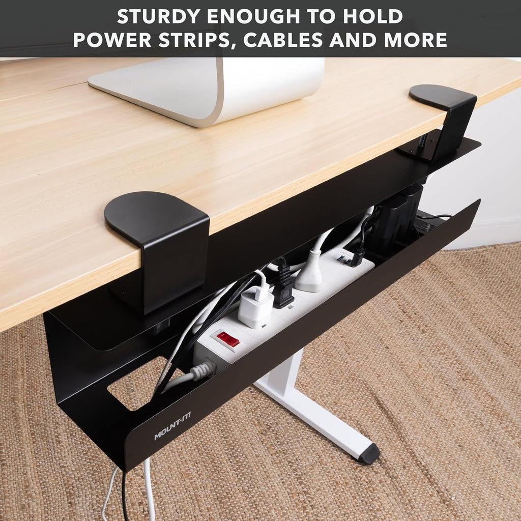 Mount-It! Clamp-On Under Desk Cable Management Tray – No-Drill Metal Cable Organizer for Office & Glass Desks, Secure Wire Management Tray for Power Strips & Cords – Sturdy Desk Cable Tray 23.6” Black