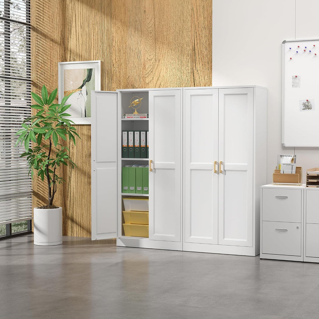 Steeloong 60"Metal Pantry Storage Cabinet with Doors & 3 Adjustable Shelves | Kitchen Pantry Cabinet,White Kitchen Cabinet with 2 Gold Handles,Tall Cabinet for Livingroom,Pantry, Bathroom,Kitchen