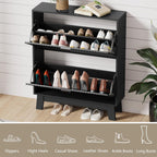 HUANLEGO Shoe Cabinet Storage for Entryway with 2 Flip Drawers, Fluted Narrow Shoe Organizer with Wooden Legs, Freestanding Slim Shoe Storage Hidden Shoe Rack Organizer for Front Door Entrance, Black