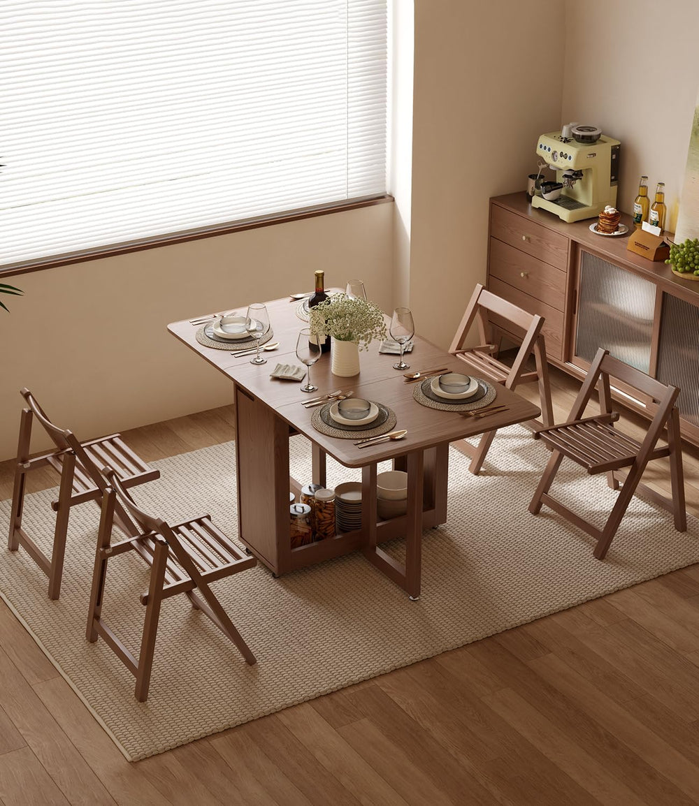 AnywaysWood Folding Dining Table with 4 Foldable Chairs Set, Space Saving Ext...