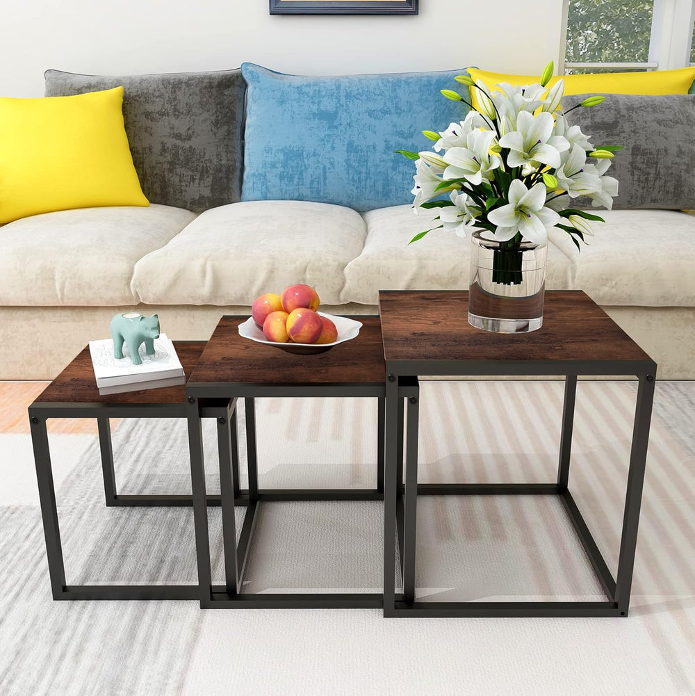 Nesting Coffee Table Set of 3, Stacking Metal Side Tables, Brown | Set of 3 N...