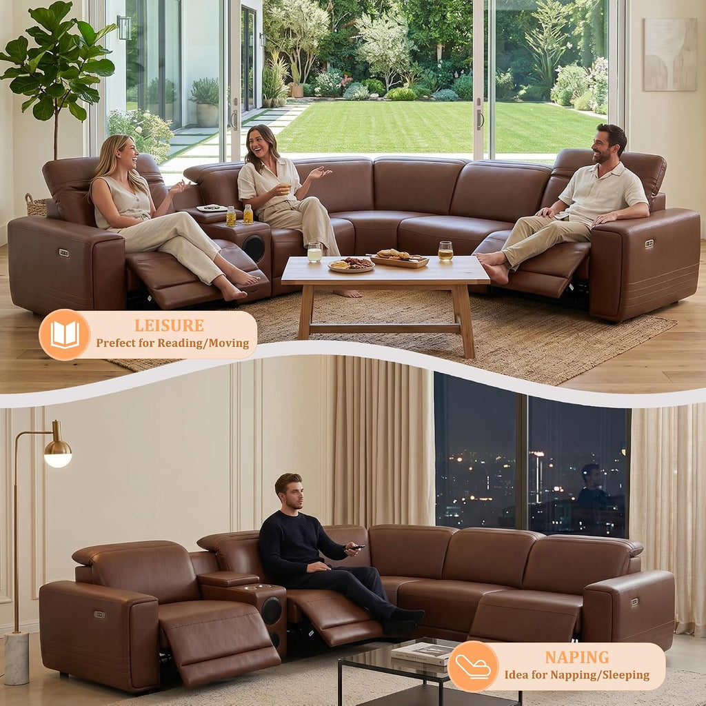 Power Recliner Sectional Sofa, L-Shaped Living Room Furniture Set, Reclining Sectional Couch with Storage Console/Cup Holder for Living Room/House/Apt (Brown, 5 Seater)