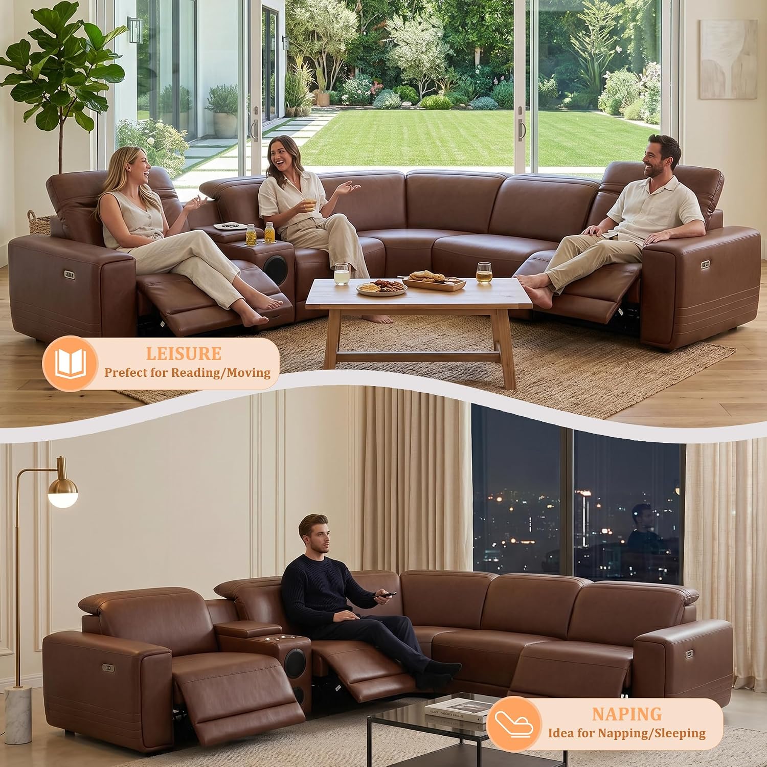 Power Recliner Sectional Sofa, L-Shaped Living Room Furniture Set, Reclining Sectional Couch with Storage Console/Cup Holder for Living Room/House/Apt (Brown, 5 Seater)