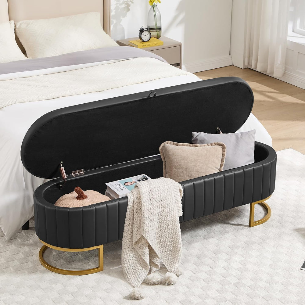 Storage Ottoman Bench, 63" Faux Leather End of Bed Bench Bedroom Bench K...