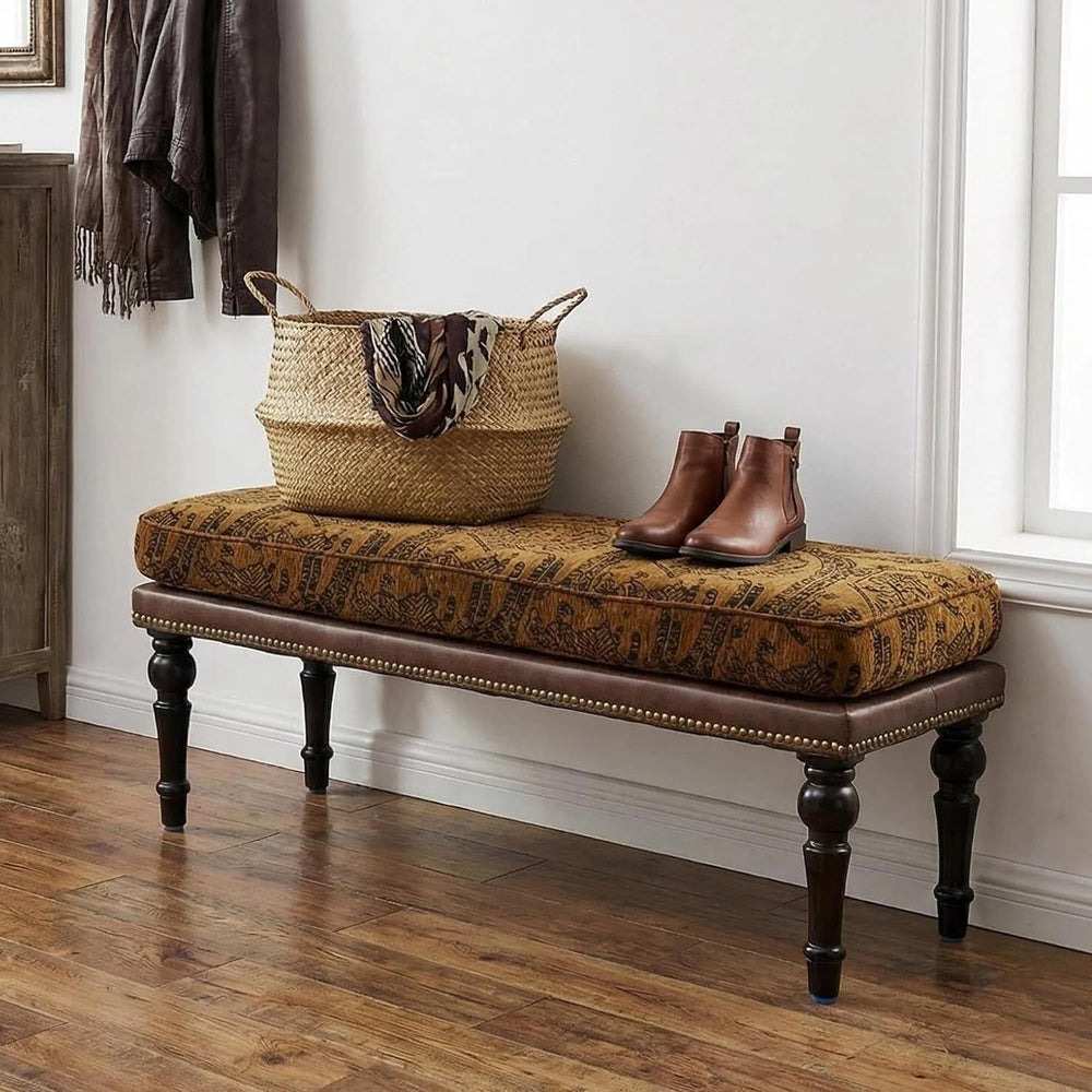 Forteek 47" Vintage Pattern Upholstered End of Bed Bench, Entryway Bench...
