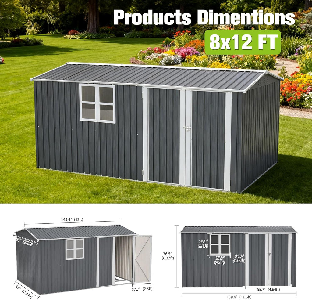 12' x 8' Outdoor Storage Shed with Floor, Waterproof Metal Garden Shed with Windows, Lockable Doors, and Sloped Roof for Patio, Backyard, Lawn, Tool Storage