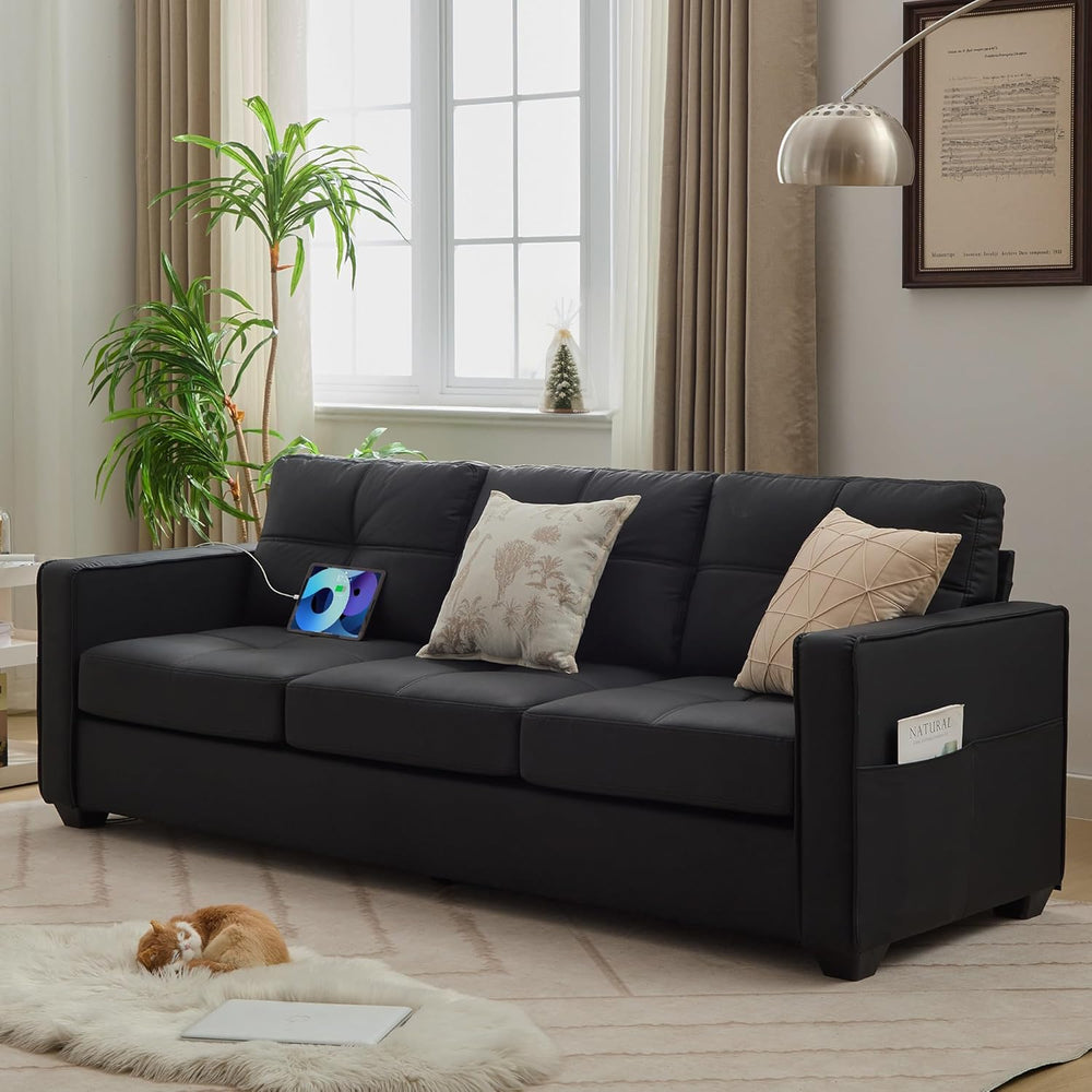 TYBOATLE 88" W Faux Leather Couches w/USB, Tufted Mid-Century Modern Com...