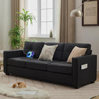 TYBOATLE 88" W Faux Leather Couches w/USB, Mid-Century Modern Tufted Comfy Black Leather Couch w/Side Pockets and Wider Arms for Living Room, 3 Seater Leathe Sofa for Office, Apartment, Bedroom
