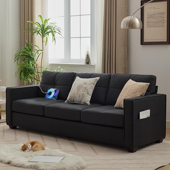 TYBOATLE 88" W Faux Leather Couches w/USB, Mid-Century Modern Tufted Comfy Black Leather Couch w/Side Pockets and Wider Arms for Living Room, 3 Seater Leathe Sofa for Office, Apartment, Bedroom