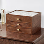 Black Walnut Wooden Jewelry Box Women large 3 Layer Drawer Organizer Box with Glass Lid for Necklaces, Watch, Necklace, Ring, Earring Storage - Christmas Gifts