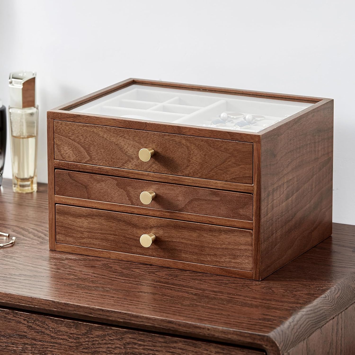 Black Walnut Wooden Jewelry Box Women large 3 Layer Drawer Organizer Box with Glass Lid for Necklaces, Watch, Necklace, Ring, Earring Storage - Christmas Gifts
