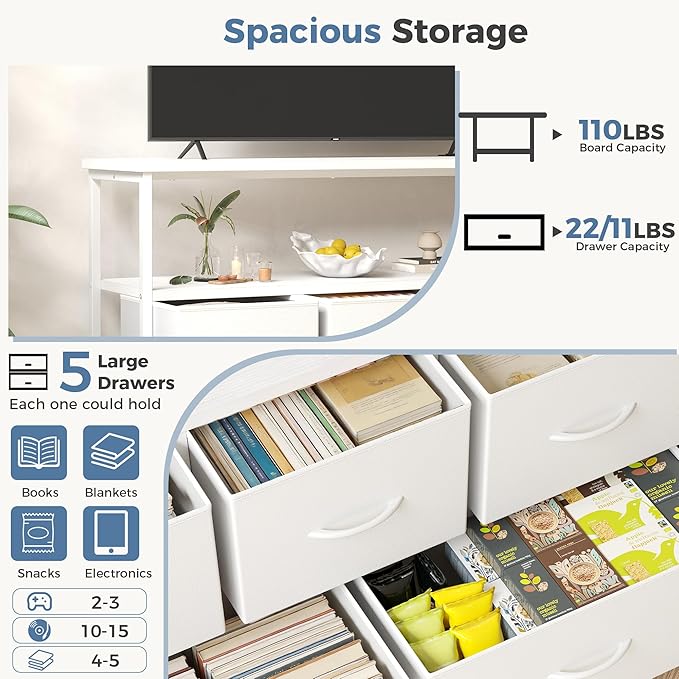 DUMOS TV Stand, Dresser with 5 Fabric Storage Drawers, Media Console Featuring Open Shelf, Fabric Storage Cabinet with Charging Station, Compact Entertainment Unit for Bedroom, Living Room, White