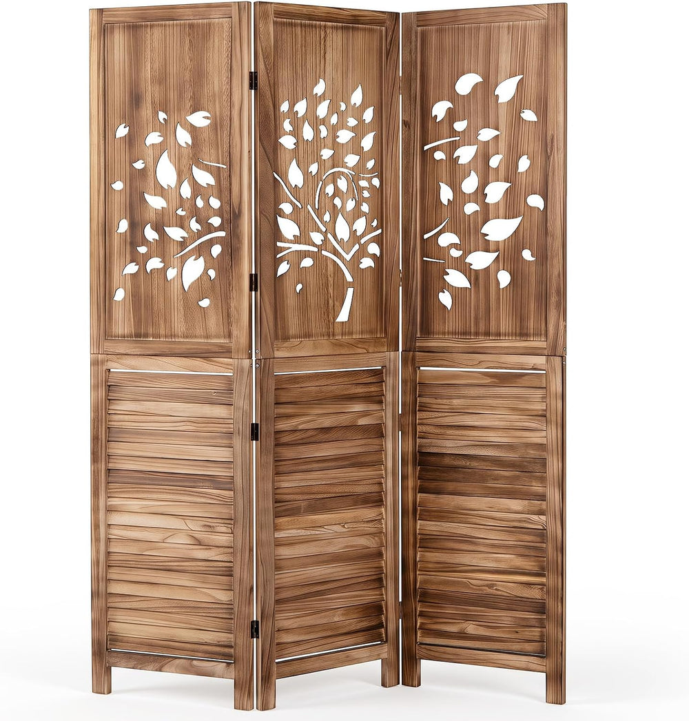GIANTEX 3 Panel Folding Room Divider with Tree Leaf Cutout & Louvered Slats