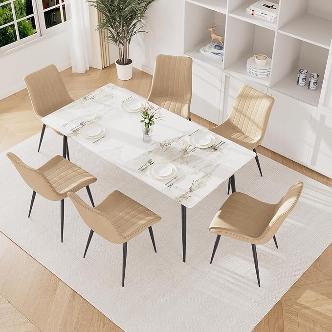 Dining Chairs Set of 6, Leather Modern Kitchen & Dining Room Chairs, Comfortable Upholstered Kitchen Chairs with Metal Legs Armless Side Chairs for Living Room Bedroom Restaurant Cafe, Khaki