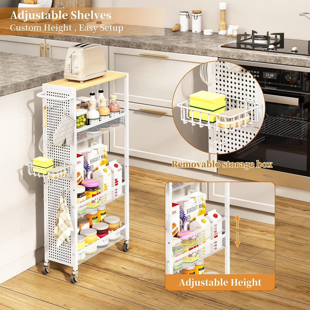 Slim Storage Rolling Cart: 4-Tier Narrow Metal & Wood Utility Cart with W...