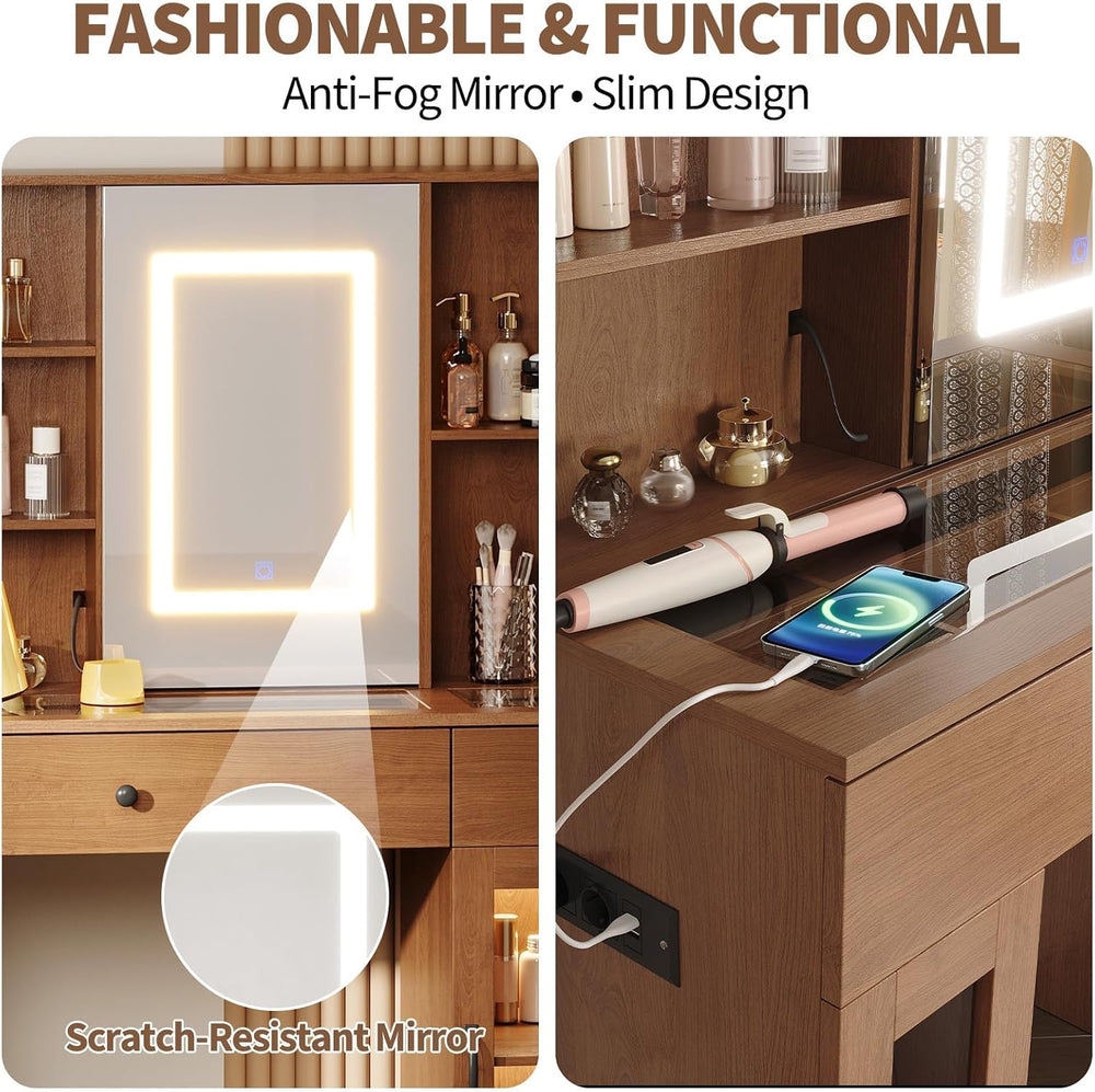 GarveeHome Makeup Vanity Desk with Mirror and Lights, 41" White Vanity S...