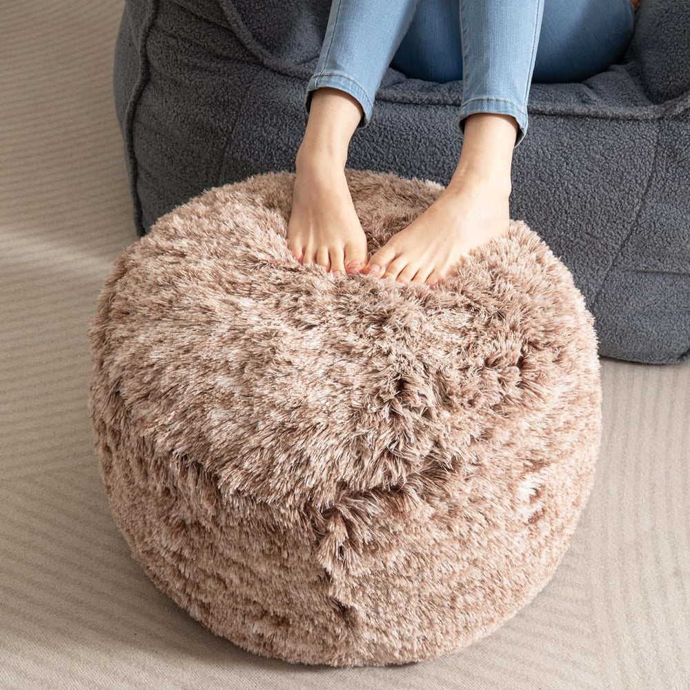 HIGOGOGO Round Stuffed Pouf Ottoman, Long Faux Fur Poufs with Foam Chunk Fill...