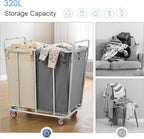 Hoctieon 2 Section Laundry Sorter Cart, 400L Rolling Hamper with Wheels, Industrial Laundry Basket Organizer, Extra Large Dirty Clothes Hamper for Home & Hotel, Heavy Duty, Gray+Beige