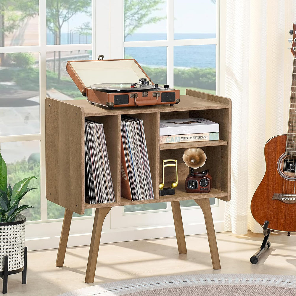 LELELINKY Wide Record Player Stand, 4-Cubby Vinyl Storage Table, Oak Grey | M...