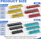 12 Pcs Magnetic Socket Organizer Set Compatible with SAE and Metric Magnetic Holders 1/4'', 3/8'', 1/2'' Drive Socket Trays Hold 286 Standard and Deep Size, No Sockets(Colors B)
