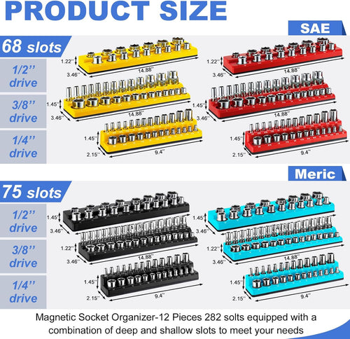 12 Pcs Magnetic Socket Organizer Set Compatible with SAE and Metric Magnetic Holders 1/4'', 3/8'', 1/2'' Drive Socket Trays Hold 286 Standard and Deep Size, No Sockets(Colors B)