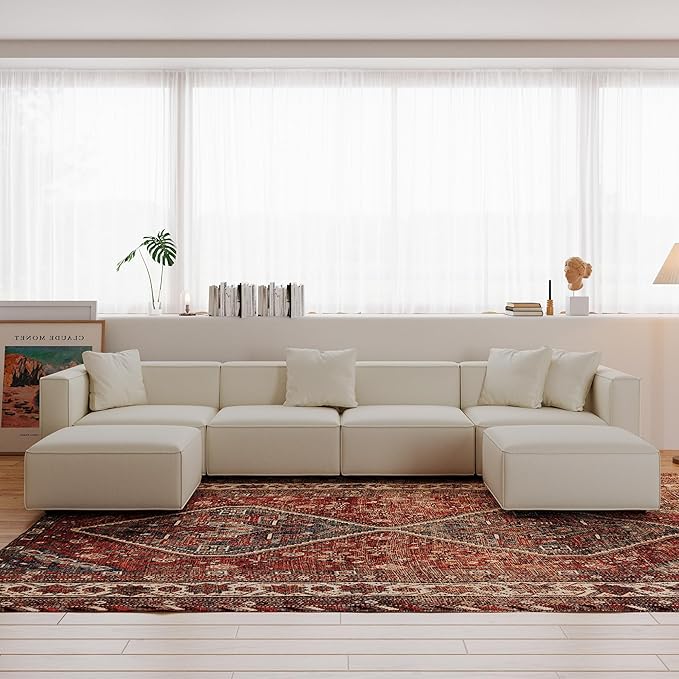Acanva Luxury Modular Sectional Couch with Moveable Ottoman and Chaise, Modern Minimalist Style Sofa for Living Room, Apartments, U-Shape, Vegan Leather Cream