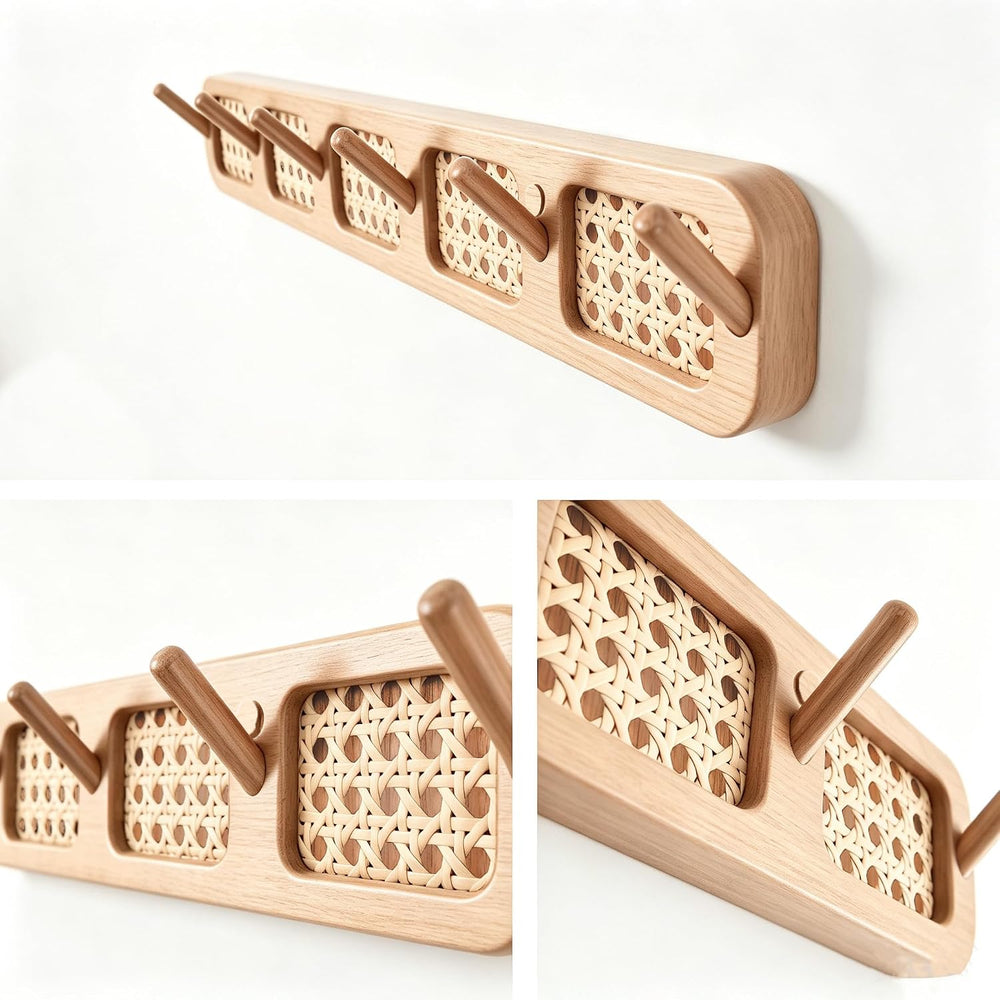 Wall Mount Coat Rack, 17in Sturdy Modern Rattan Hooks Set of 2