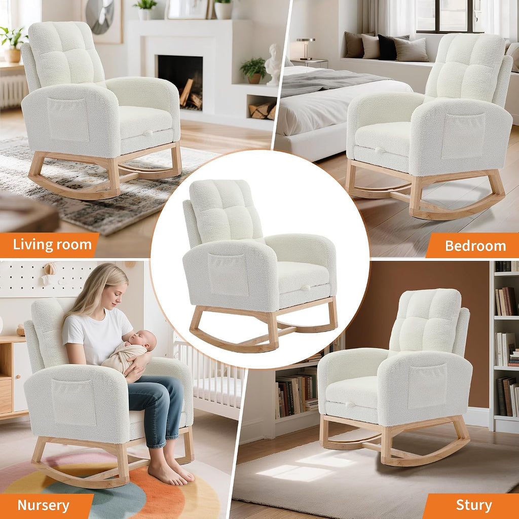 Modern Nursery Rocking Chair, Comfortable Rocker Recliner with Side Pocket, Footrest, Mid Century Upholstered Rocker Glider for Living Room, Bedroom, Nursing Room, High Back & Wood Legs, Teddy Beige