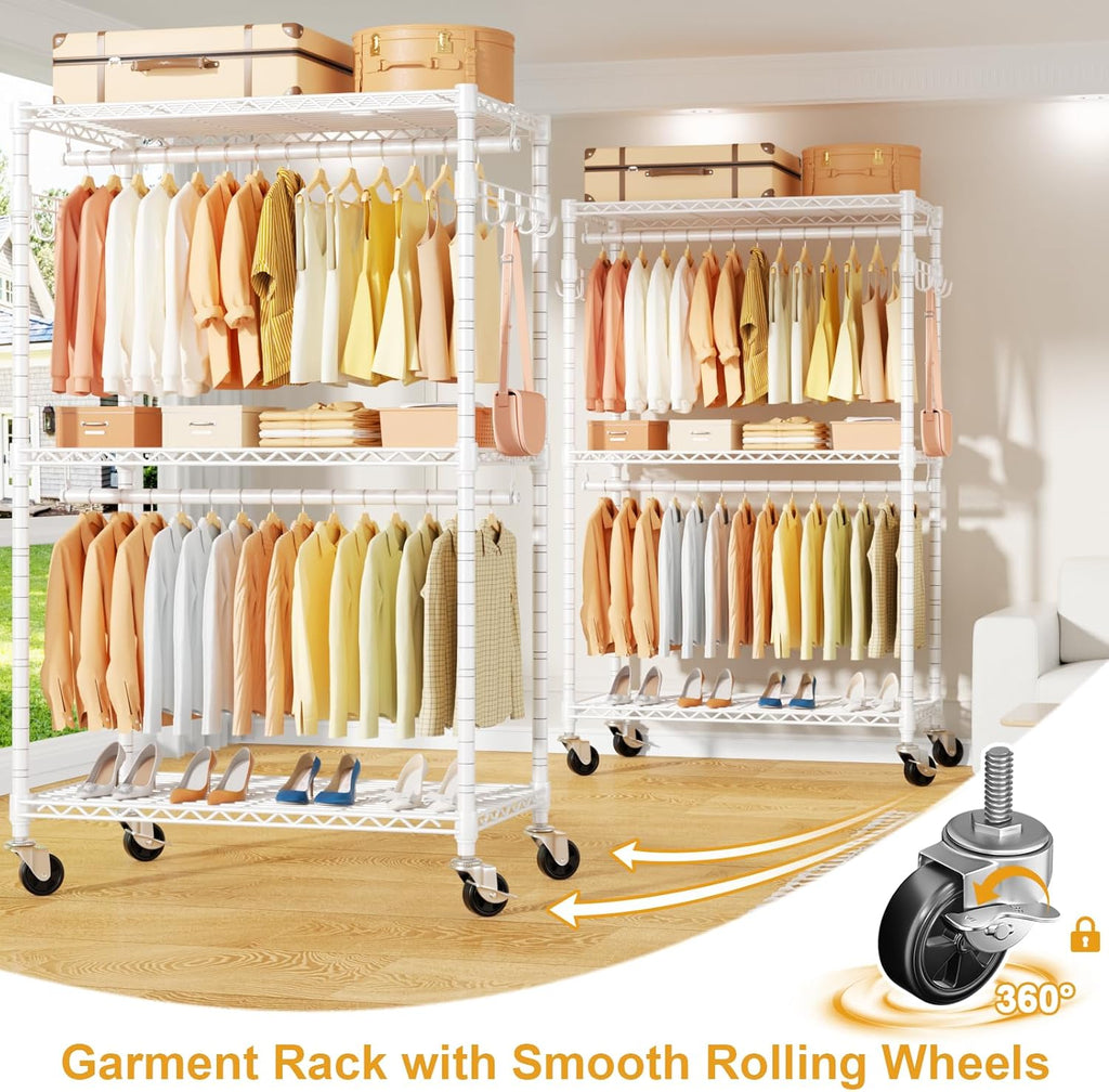 P1 Rolling Clothes Rack Heavy Duty, Metal Closet Clothing Rack with Lockable Wheels, Portable Wardrobe Closet for Hanging Clothes, 35.5" W x 15.7" D x 80.5" H, Hold 500lbs, White