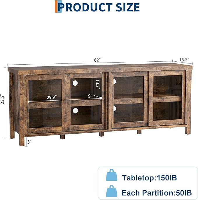 GAOMON TV Stand for 65" with Entertainment Center, Storage Cabinet, 4 Sliding Glass Doors, Mid Century Modern Media TV Console Table for Living Room Bedroom, Retro Brown