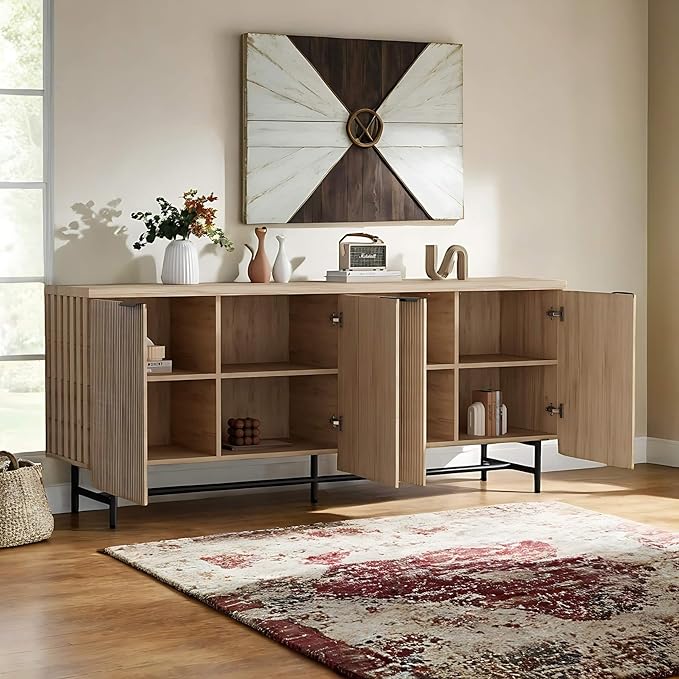 Fluted TV Stand with Led Light, Oak 68" Entertainment Center with Storage, Television Stands for 55/60/65/70/75 inch TV, Mid Century TV Console, Media Console, Sideboard Cabinet for Bedroom