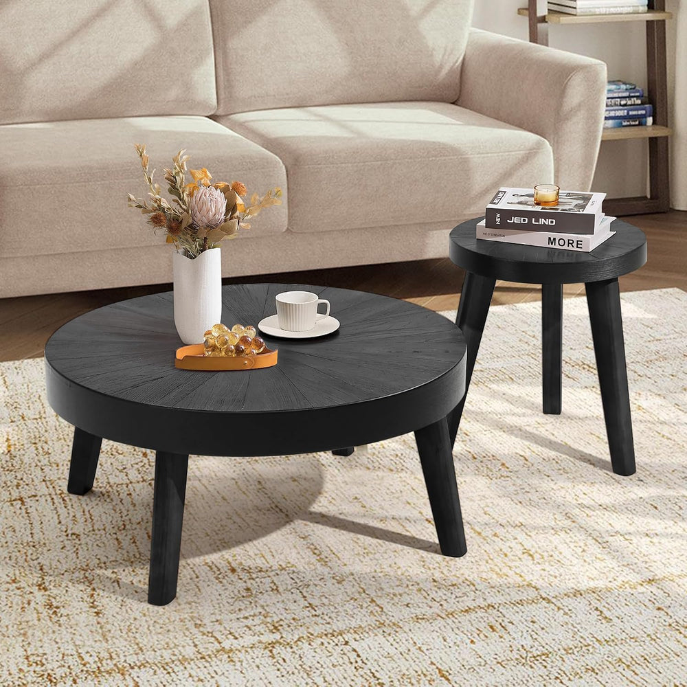 HOKYHOKY Farmhouse Round Coffee Table Set of 3, Coffee and End Table, Black |...