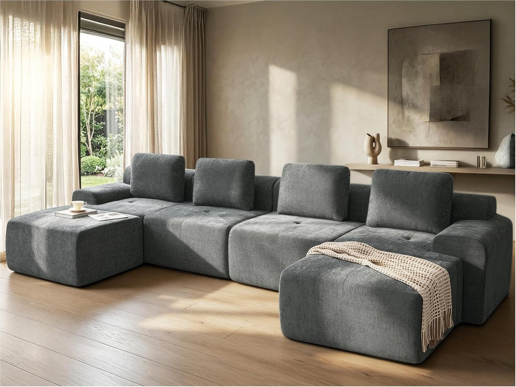 159" U Shaped Oversized Boneless Couch, Comfort Cloud Sectional Couches for Living Room, Modular Sofa High Back & Extra Deep Seat, No Assembly, Soft Chenille (Dark Grey, 159 inch-U shaped（4+2）)