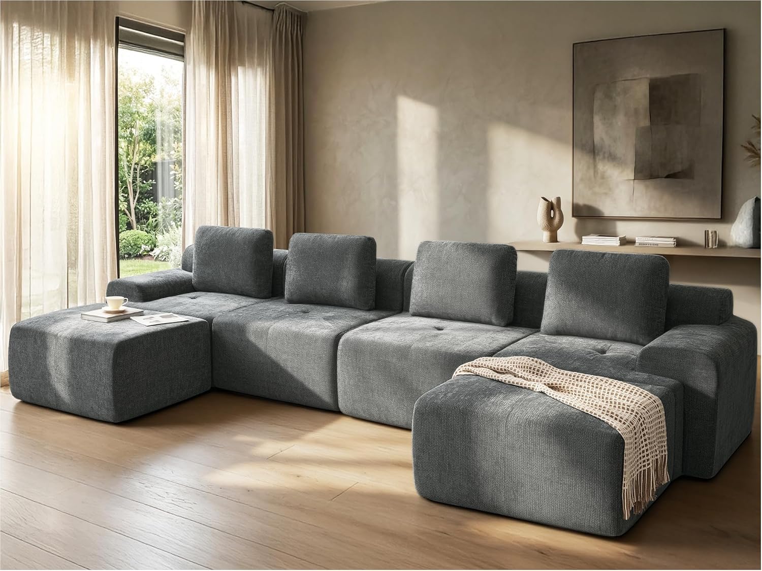 159" U Shaped Oversized Boneless Couch, Comfort Cloud Sectional Couches for Living Room, Modular Sofa High Back & Extra Deep Seat, No Assembly, Soft Chenille (Dark Grey, 159 inch-U shaped（4+2）)