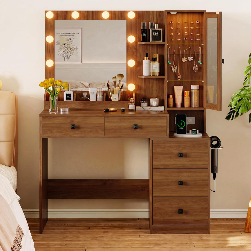 Xixini Vanity Desk with Mirror and Lights, Makeup Vanity Table Set with 5 Sto...