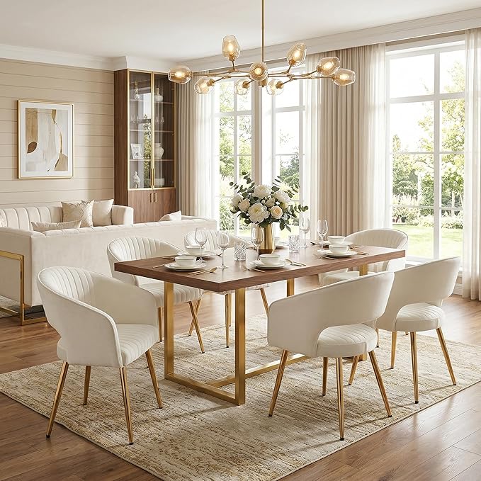 Cream Velvet Dining Chairs Gold Legs, Modern Dining Room Chairs with Arms Set of 6 Upholstered Accent Chair Armchair with Barrel Back for Kitchen Living Room