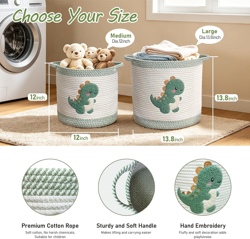 Cute Nursery Bin, Baby Toy Organizer (13.8"x13.8"), Storage Basket for Organizing, Woven Rope Basket for Shelves, Cute Baskets with Handle for Nursery, Playroom (Dinosaur, Large)