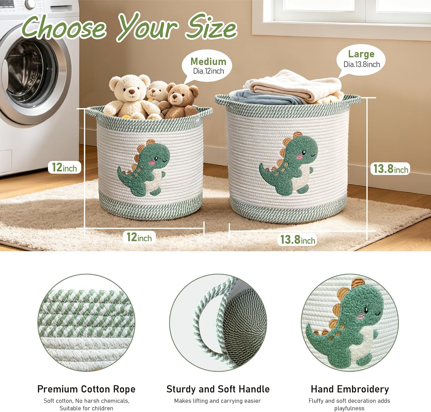 Cute Nursery Bin, Baby Toy Organizer (13.8"x13.8"), Storage Basket for Organizing, Woven Rope Basket for Shelves, Cute Baskets with Handle for Nursery, Playroom (Dinosaur, Large)
