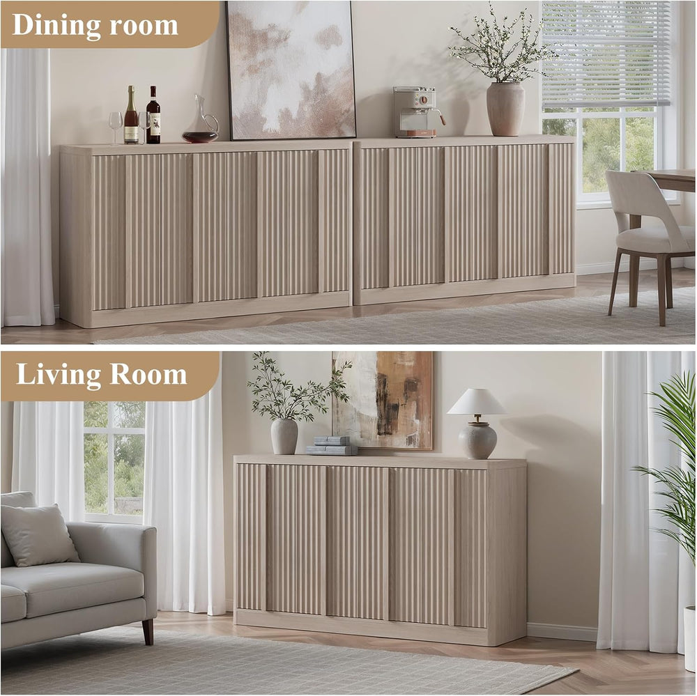 Fluted Buffet Cabinet with Storage, 120" Sideboard Buffet Storage Cabine...