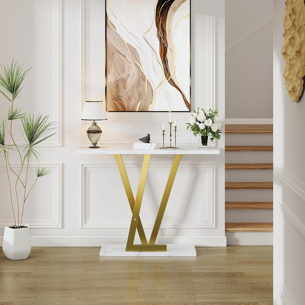 43.3" Gold Console Table, Modern Entryway Table with White Faux Marble T...