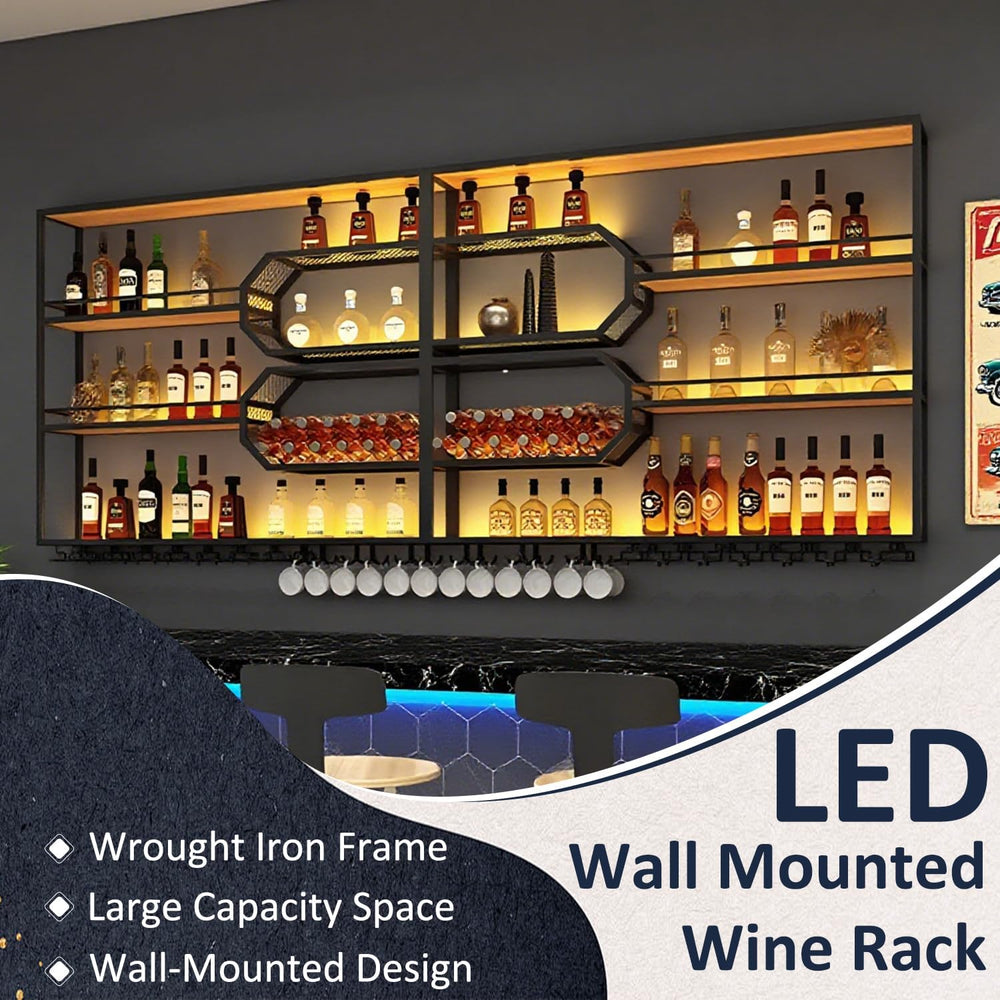 Large Liquor Shelf, Solid Wood Wall Mounted Wine Rack with Glass Holder &...