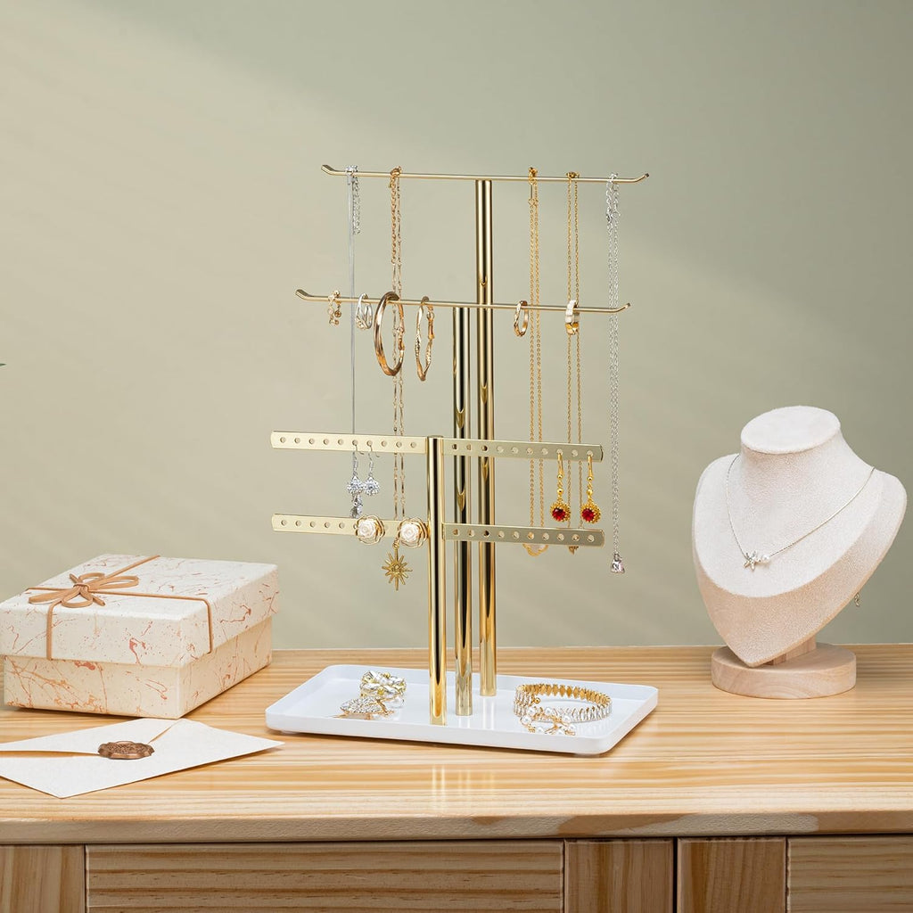 pickpiff Jewelry Stand Organizer Necklace Holder- 12.5" Sturdy Earring and Bracelet Hanger, Mirrored Gold, Aesthetic Room Decor