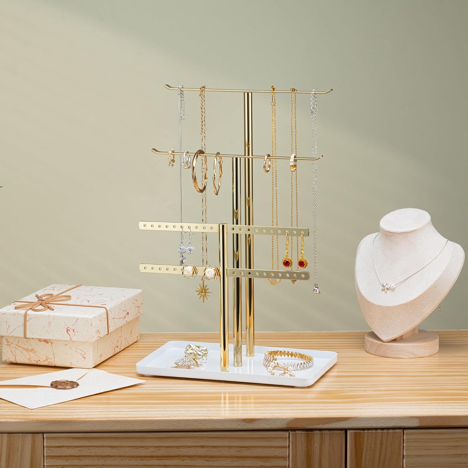 pickpiff Jewelry Stand Organizer Necklace Holder- 12.5" Sturdy Earring and Bracelet Hanger, Mirrored Gold, Aesthetic Room Decor